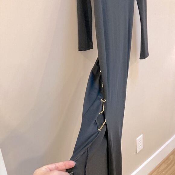 Mapale Black Long Sleeve Chain Wrap Around Detail Maxi Dress w/side slit - Picture 3 of 7
